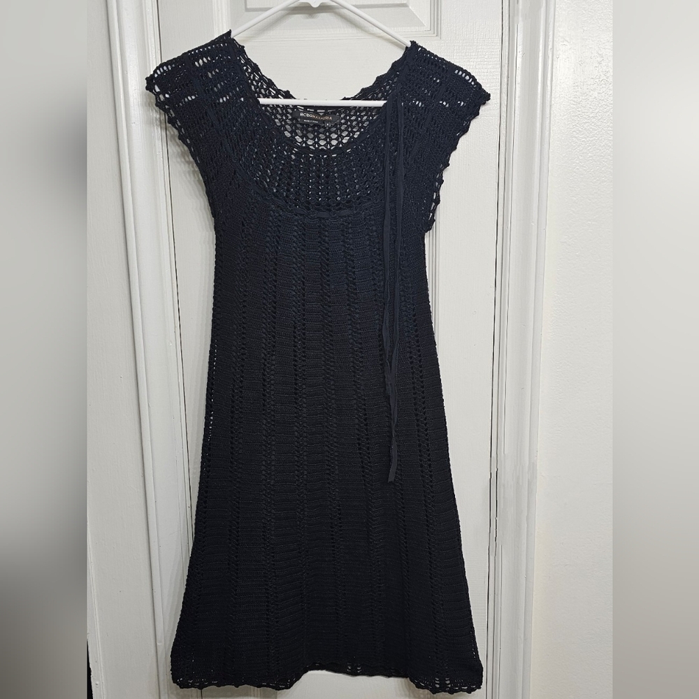 BCBGMaxAzaria Black Crochet Knit Small Cap Sleeve with Woven Ribbon Detail Dress
